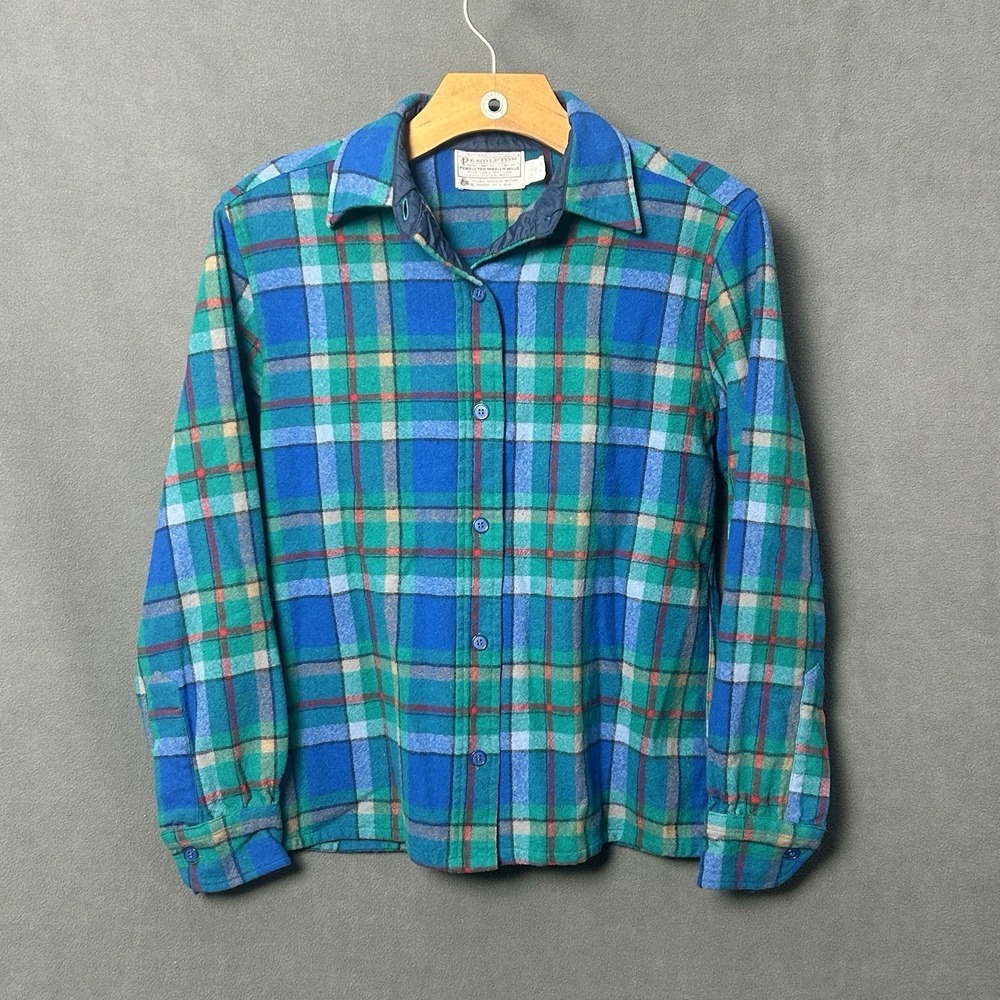 Pendleton Shirt Men's Medium Vintage Wool Stripe Green Blue Plaid M Made in USA